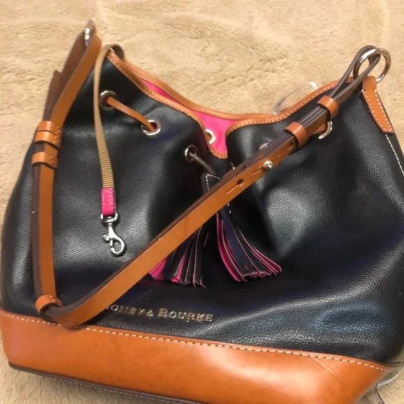 DOONEY & BOURKE Drawstring Bucket Bag Black Brown Pebble Grain Leather - Picture 8 of 15
